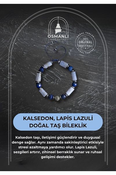 OSMANLI DOĞAL TAŞ Certified Chalcedony and Lapis Lazuli Natural Stone Bracelet