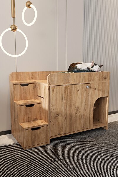 Mercie MAYA Ahşap Kedi Tuvaleti ve Yatağı Ranza Modeli-kapağı Kilitli- Kum Ka...