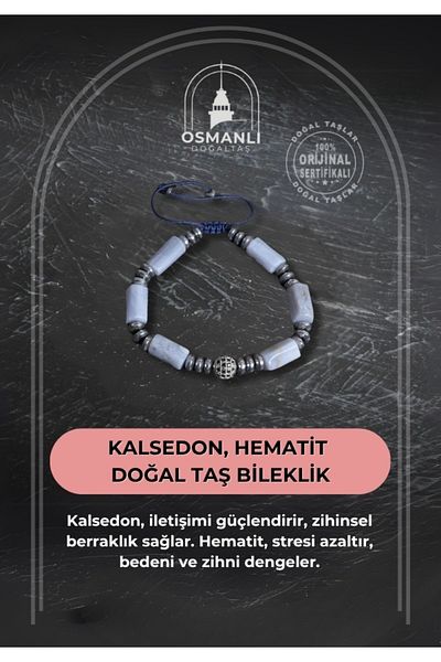 OSMANLI DOĞAL TAŞ Certified Chalcedony and Hematite Natural Stone Bracelet