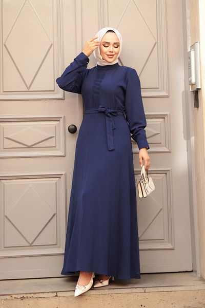 Neva Style Navy Blue 6621L Belted Hijab Dress