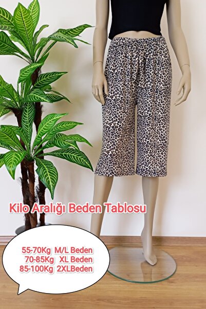 VİP BERA TEKSTİL Kadın Leopar Yumuşak Dokulu Esnek Milan Kumaş Geniş Paça Bermuda Alt