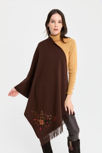 Desen Triko Γυναικείο μάλλινο σάλι με κεντημένη φούντα Daisy - Μ.Καφέ