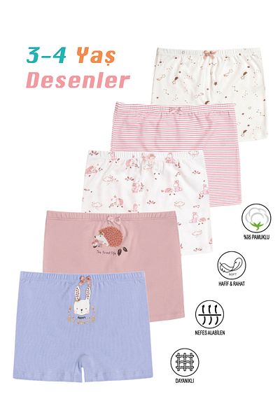 ÖZKAN underwear Özkan 41602 5 Pack Girls' Mixed Color Patterned Cotton Soft Comfortable Shorts Boxers