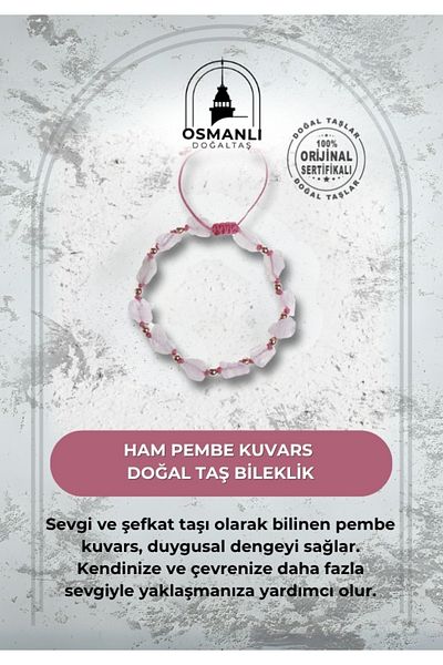 OSMANLI DOĞAL TAŞ Certified Raw Pink Quartz Natural Stone Bracelet
