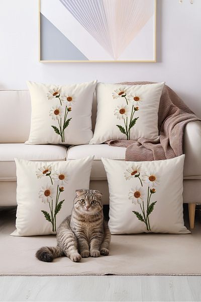 Artvibe Daisy Patterned Spring Themed Digital Printed Cream Floor White 4-Piece Throw Pillow Cover Set