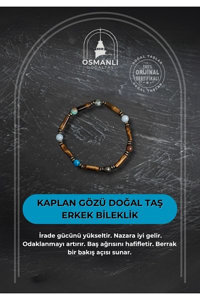 OSMANLI DOĞAL TAŞ Certified Tiger Eye and Natural Stone Men's Bracelet