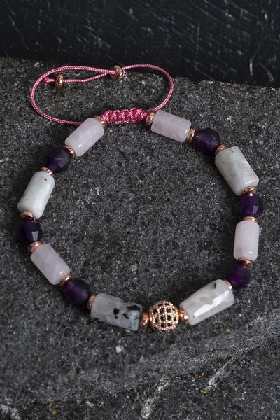 OSMANLI DOĞAL TAŞ Certified Amethyst, Moonstone and Pink Quartz Natural Stone Bracelet