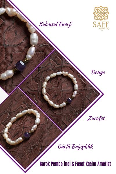 Saff Doğal Taş Certified Saff Natural Stone Bracelet - Pink Pearl & Facet Cut Amethyst