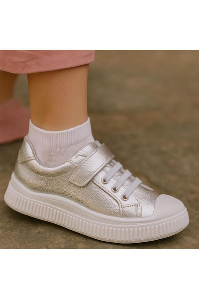 kids A more Blair Genuine Leather Anatomical Girls' Casual Shoes Silver Color