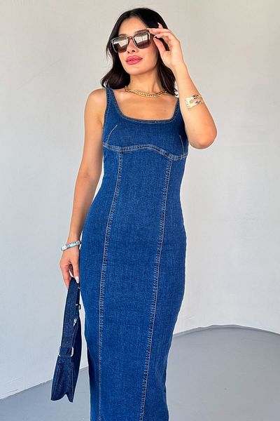 Cappmoda ELB-01742 Μπλε μπλε τζιν ύφασμα με λαιμόκοψη πισω με λεπτομέρεια Lycra φόρεμα μεσαίου μήκους
