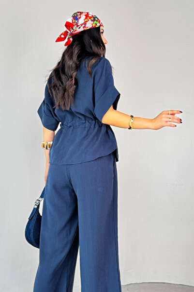 Cappmoda Tkm-03704 Navy Blue Zippered Pocket Detailed Jacket Loose Trousers Double Set