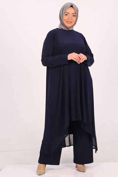 Eslina 37017 Σετ παντελονιού Sandy-chiffon Plus Size-σκούρο μπλε