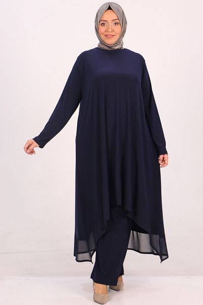 Eslina 37017 Σετ παντελονιού Sandy-chiffon Plus Size-σκούρο μπλε
