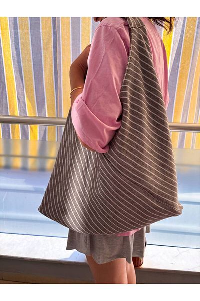 girlsybags Ριγέ γκρι τσάντα tote υφασμάτινη τσάντα tote μουσελίνα 30x40 εκ. Τσάντα αγορών Τσάντα παραλίας υφασμάτινη τσάντα με επένδυση