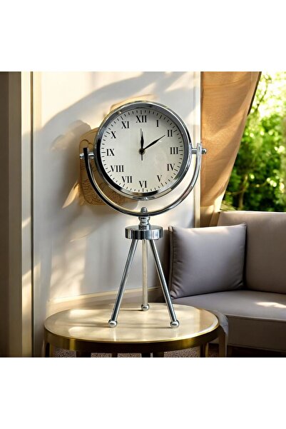 ArzzHome 3 Ayak Roma Rakamlı Tripod Masa Saati & Gümüş