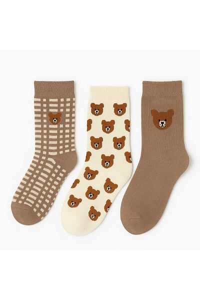 WORTHY SOCKS Комплект от 3 многоцветни дамски чорапи с шарка на симпатично мече 3 чифта