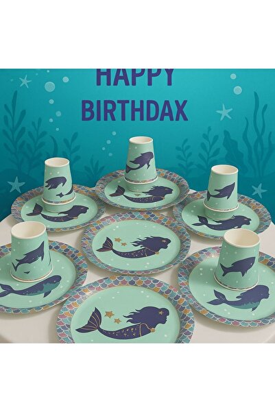 partyrüyası Mermaid Themed Paper Plate and Cup Party Set for 8 People