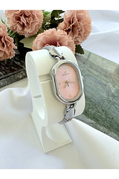 Mazzy Vintage Oval Silver Inside Pink Women Wrist Watch
