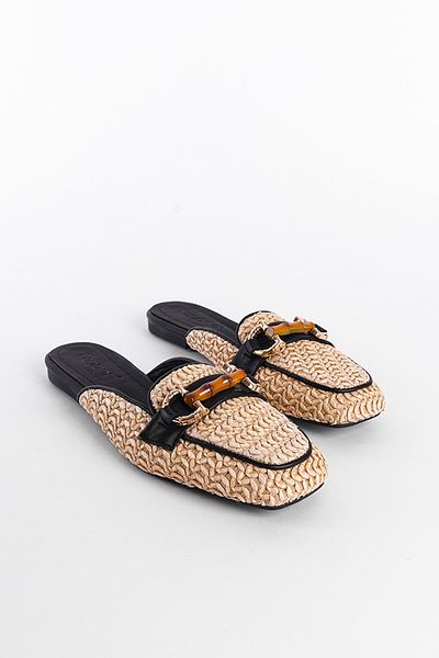Capone Outfitters Γυναικείες παντόφλες από γνήσιο δέρμα με κοντό τακούνι, ψάθινη αγκράφα