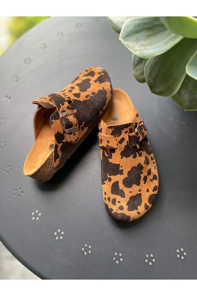Land of Cork Anatomical Natural Cork Sole Animal Print Suede Leather Women's Slippers