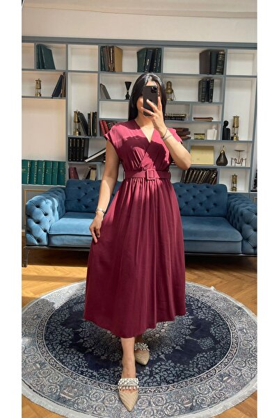 Nida Boutique Rochie midi cu decolteu în V, talie elastică, cu jumătate de mânecă și curea