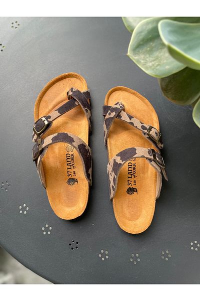 Land of Cork Anatomical Natural Cork Sole Cow Animal Print Flip Flops Suede Leather Women's Slippers