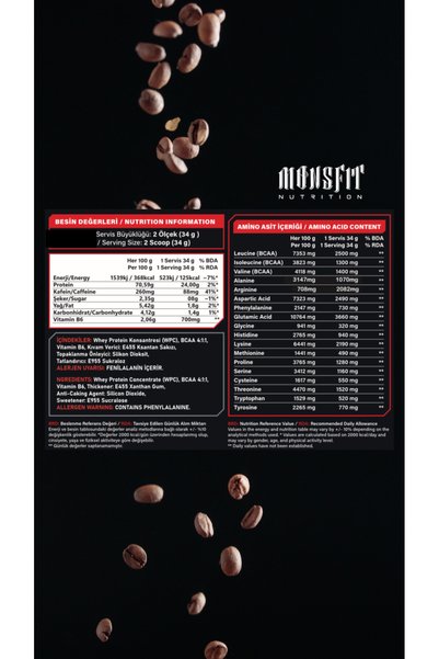 MONSFİT Whey Protein 885 G (26 SERVİS) - Kas Yapılanmasına Yardımcı (INSTANT KAHVE İÇERİR) (AROMASIZ)