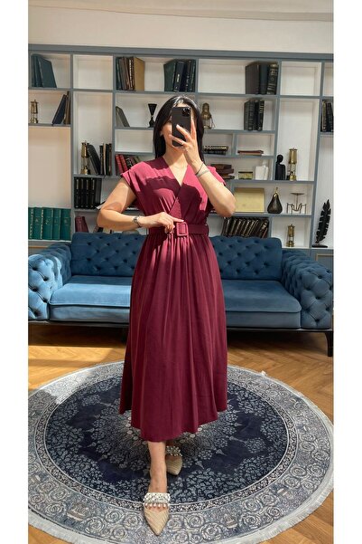 Nida Boutique Rochie midi cu decolteu în V, talie elastică, cu jumătate de mânecă și curea