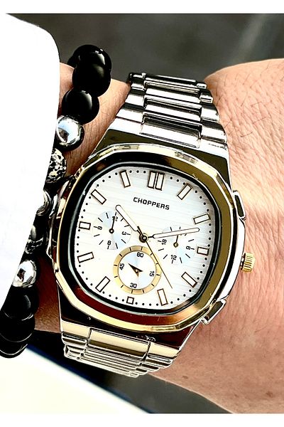 Choppers ساعة يد رجالية باللون الذهبي الفضي للموسم الجديد مع هدية سوار