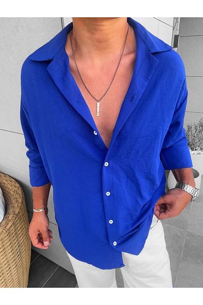 King Brothers Ανδρικό πουκάμισο Saks Blue Ayrobin Oversize - Λινό Look, Λεπτό Καλοκαιρινό