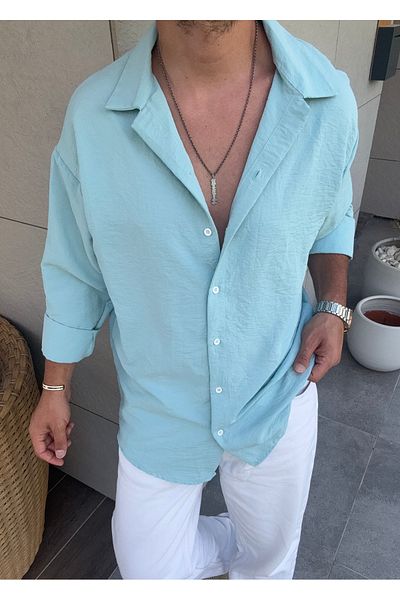 King Brothers Ανδρικό πουκάμισο μέντας Loose Fit Oversize Λινό Μέντα Χρώμα Ayrobin