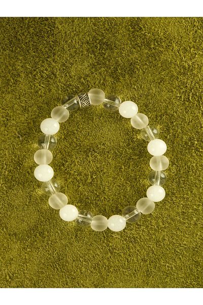 hmgtaş Perlavita Certified Moonstone White Agate and Transparent Quartz Natural Stone Bracelet