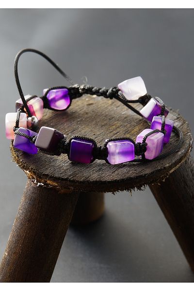 ESK KEHRİBAR Purple Striped Agate Stone Macrame Bracelet - Adjustable Size Patterned