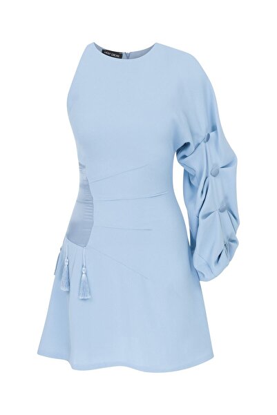 MERT ERKAN Tek Omuzlu & Kolu Drapeli Mini Krep Elbise