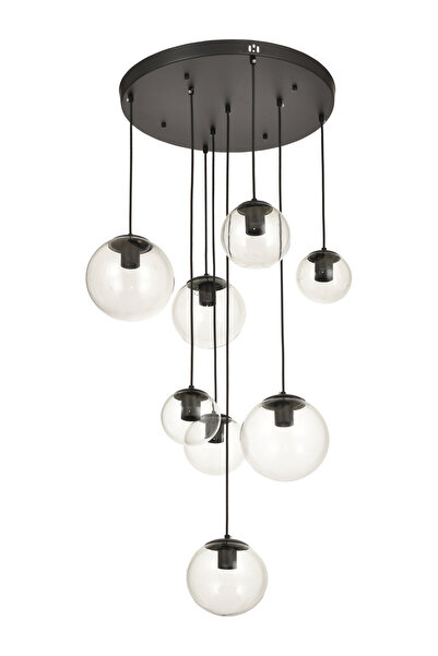 Avizemoda Pigaro 8 li Şeffaf Camlı Salon Oturma Odası Modern Sarkıt Avize - (Siyah Kasa)