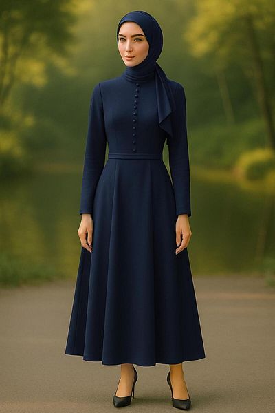 TRENDTESETTÜR Women's Navy Blue High Collar Sash Rose Detailed Evening Dress 6313