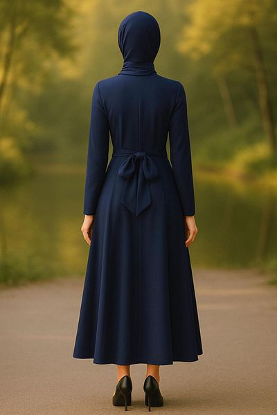 TRENDTESETTÜR Women's Navy Blue High Collar Sash Rose Detailed Evening Dress 6313