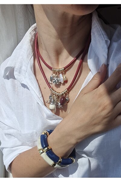 İNİTİUM Özel Seri Z*RA Bordo Charmlı 2'li Kolye