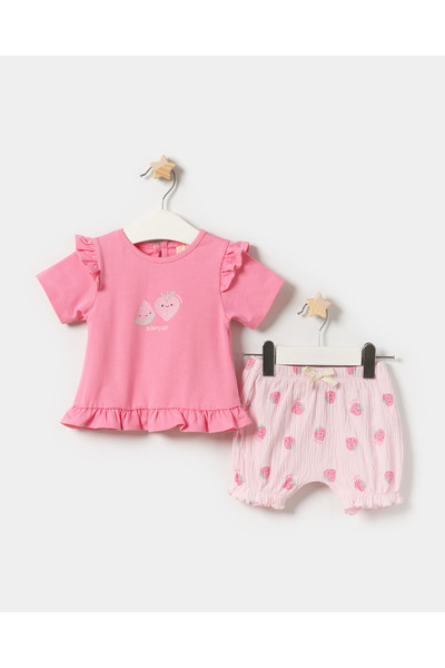 Minipodyum Kız Bebek Fırfır Detaylı T-shirt Örme Müslin Şortlu Yazlık İkili T...