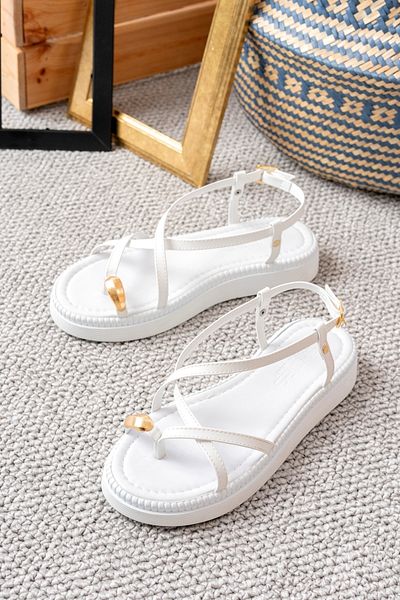 v.s.h velvet Women's Leather Matte Single Finger Ring Detailed Sandals Casual Shoes