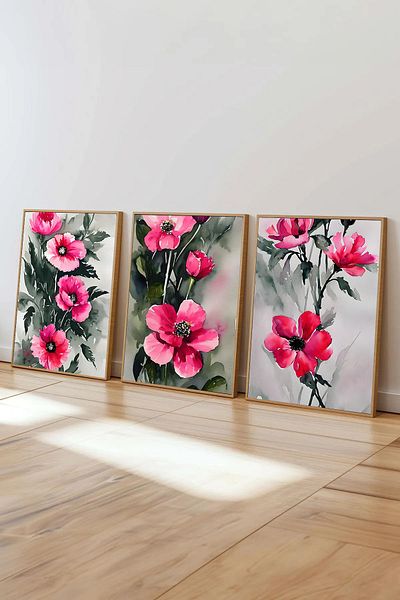 Dekorsiahome Σετ ζωγραφικής με ξύλινο πλαίσιο 3 τεμαχίων Pinkflowers