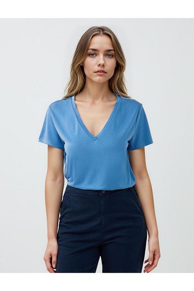 Jimmy Key Tricou modal tricotat cu mânecă scurtă cu decolteu în V cobalt