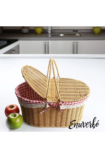 ZADA HOME Varnished Hard Wicker - Rattan - Oval Picnic Basket 39cm Cream Color