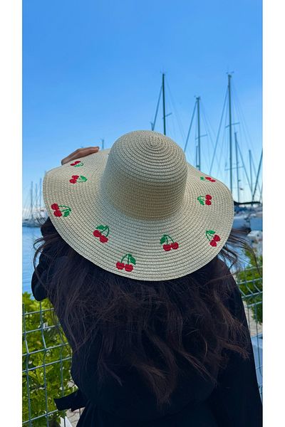 Luminos Butik Beige Cherry Embroidered Wide Brim Women's Summer Hat Hsr2115