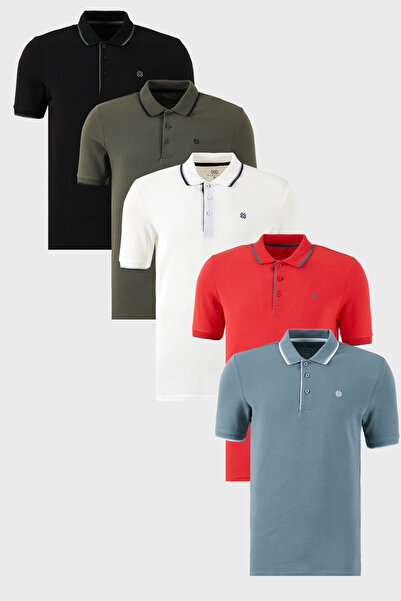 Buratti Βαμβακερή λεπτή λωρίδα με λεπτομέρεια με κουμπιά γιακά πόλο 5'li Πακέ...