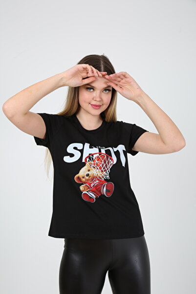 EDSA Kadın Teddy Basketball Baskılı Siyah Oversize Tshirt