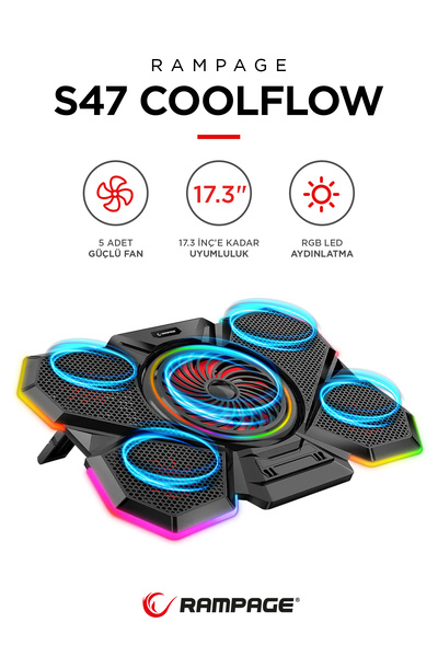 Rampage S47 Coolflow 5 Adet Kırmızı Led Fan 1 Usb 7 Farklı Kademe Ayarı 10'' 17.3'' Notebook Soğutucu
