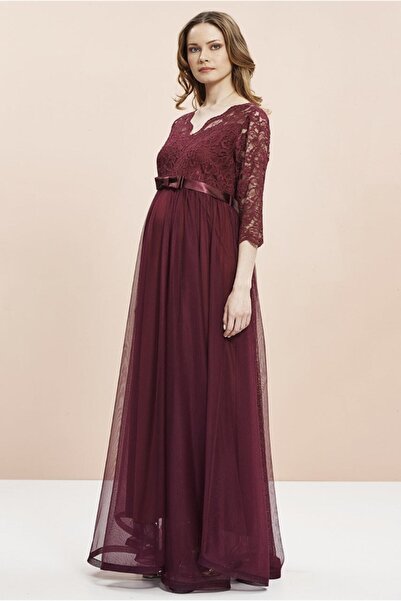 Genel Markalar Tül Dantel Kombinli Uzun Abiye Hamile Elbise