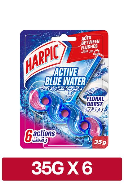 Harpic Active Blue Water Toilet Cleaner Rim Block, Floral Burst Scent, 35g x6