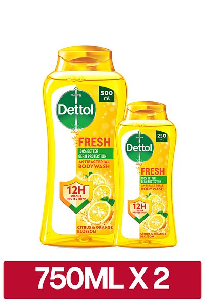Dettol Fresh Shower Gel & Body Wash, Citrus & Orange Blossom Scent, (250ml + 500ml) x2